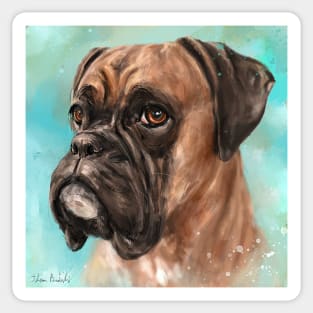 Painting of a Brown Coated Boxer Dog Looking Serious on Light Turquoise Background Sticker